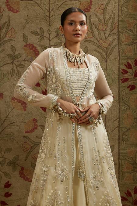Sva By Sonam & Paras Modi_Cream Silk, Organza Beads, Embroidery Round , Open Jacket Lehenga Set_at_Aza_Fashions
