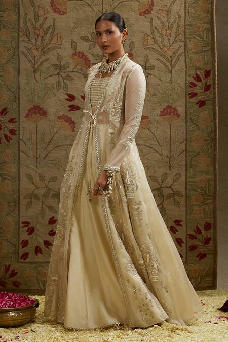 Buy_Sva By Sonam & Paras Modi_Cream Silk, Organza Beads, Embroidery Round , Open Jacket Lehenga Set