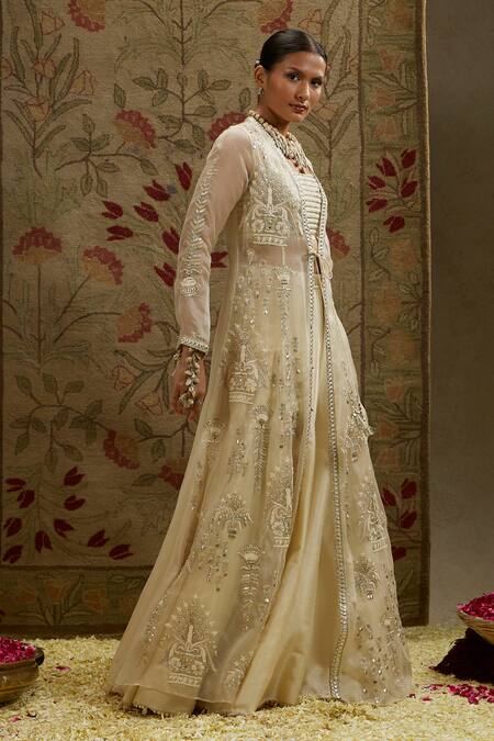 Shop_Sva By Sonam & Paras Modi_Cream Silk, Organza Beads, Embroidery Round , Open Jacket Lehenga Set