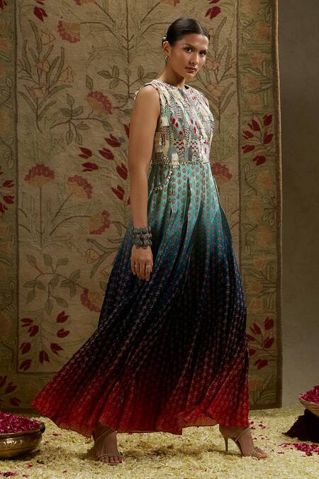 Sva By Sonam & Paras Modi_Blue Crepe Embroidery Round Neck Tribal Bloom Ombre Jumpsuit_Online_at_Aza_Fashions