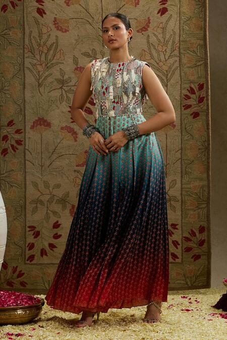 Buy_Sva By Sonam & Paras Modi_Blue Crepe Embroidery Round Neck Tribal Bloom Ombre Jumpsuit_Online_at_Aza_Fashions