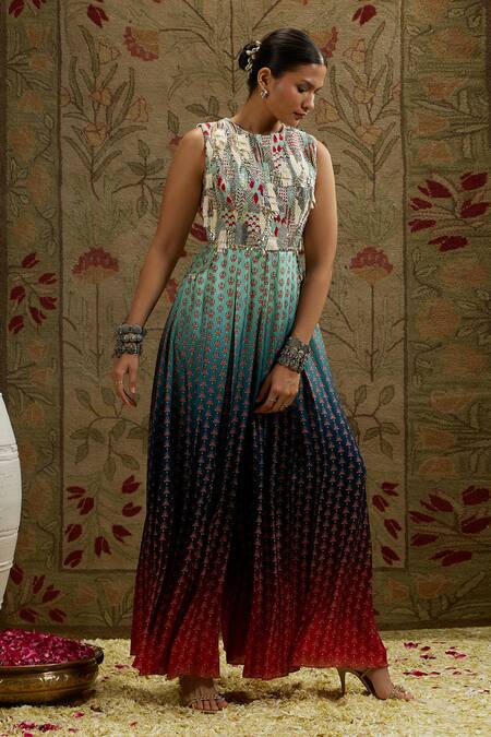 Sva By Sonam & Paras Modi_Blue Crepe Embroidery Round Neck Tribal Bloom Ombre Jumpsuit_at_Aza_Fashions