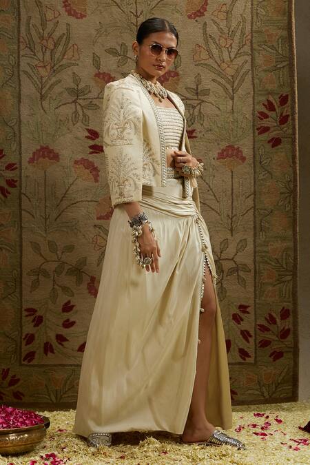 Sva By Sonam & Paras Modi_Ivory Silk Sequins, Beads Square Neck, Embroidered Jacket And Draped Skirt Set_Online_at_Aza_Fashions