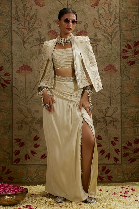 SVA by Sonam & Paras Modi Embroidered Silk Jacket & Draped Skirt Set 