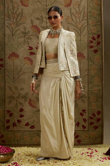 Buy_Sva By Sonam & Paras Modi_Ivory Silk Sequins, Beads Square Neck, Embroidered Jacket And Draped Skirt Set_Online_at_Aza_Fashions