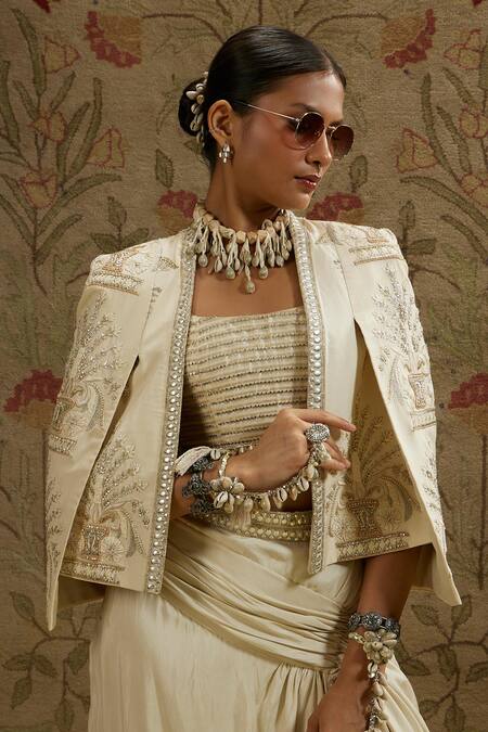 Buy_Sva By Sonam & Paras Modi_Ivory Silk Sequins, Beads Square Neck, Embroidered Jacket And Draped Skirt Set