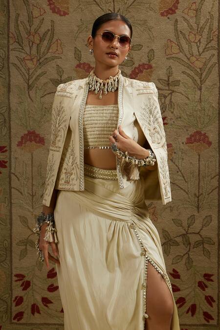 Shop_Sva By Sonam & Paras Modi_Ivory Silk Sequins, Beads Square Neck, Embroidered Jacket And Draped Skirt Set