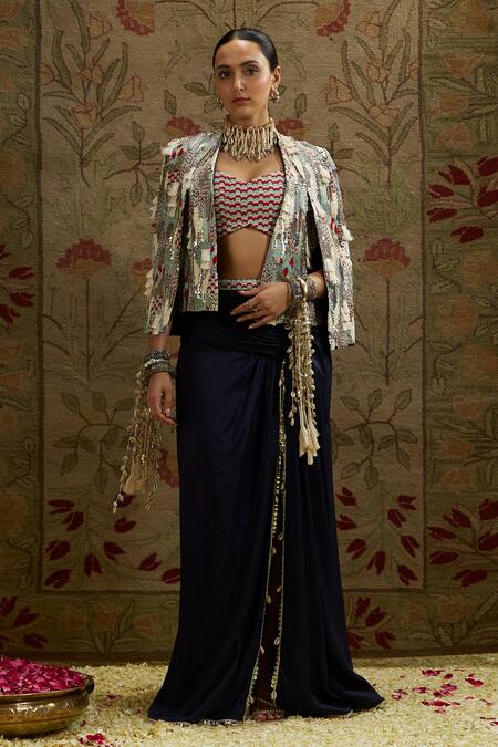 Sva By Sonam & Paras Modi Blue Silk Beads, Sequins Open Abstract Embroidered Jacket And Draped Skirt Set Online at Aza Fashions Sva By Sonam & Paras Modi_Blue Silk Beads, Sequins Open Abstract Embroidered Jacket And Draped Skirt Set_Online_at_Aza_Fashions