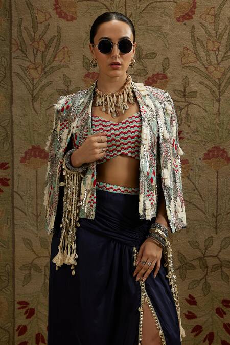 Buy Sva By Sonam & Paras Modi Blue Silk Beads, Sequins Open Abstract Embroidered Jacket And Draped Skirt Set Online at Aza Fashions Buy_Sva By Sonam & Paras Modi_Blue Silk Beads, Sequins Open Abstract Embroidered Jacket And Draped Skirt Set_Online_at_Aza_Fashions