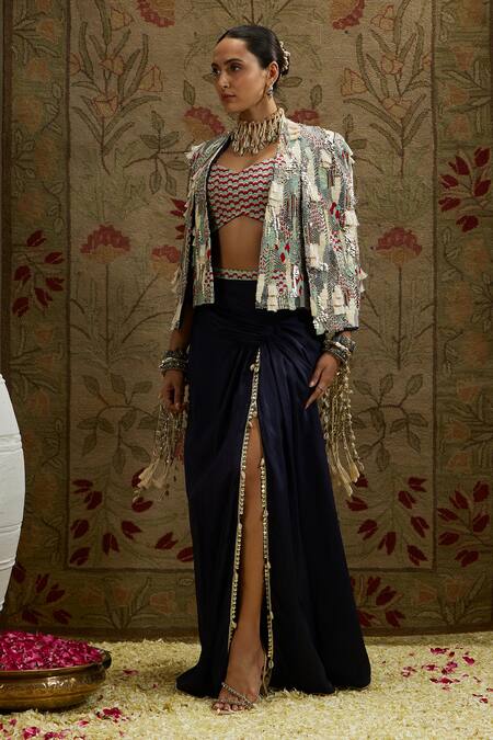 Sva By Sonam & Paras Modi Blue Silk Beads, Sequins Open Abstract Embroidered Jacket And Draped Skirt Set at Aza Fashions Sva By Sonam & Paras Modi_Blue Silk Beads, Sequins Open Abstract Embroidered Jacket And Draped Skirt Set_at_Aza_Fashions