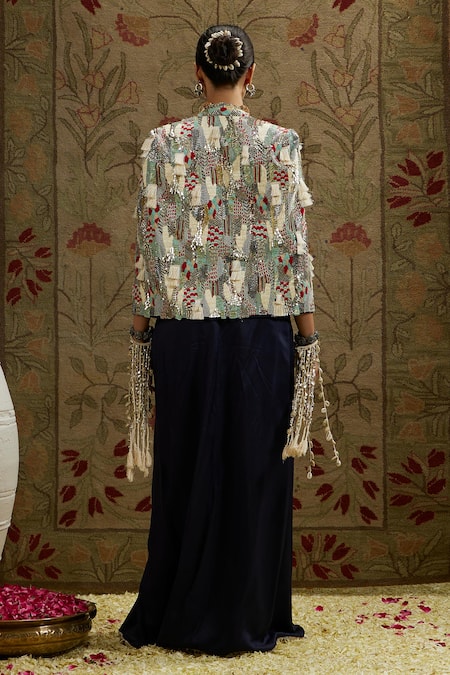 Shop Sva By Sonam & Paras Modi Blue Silk Beads, Sequins Open Abstract Embroidered Jacket And Draped Skirt Set at Aza Fashions Shop_Sva By Sonam & Paras Modi_Blue Silk Beads, Sequins Open Abstract Embroidered Jacket And Draped Skirt Set_at_Aza_Fashions