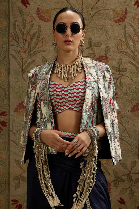 Buy Sva By Sonam & Paras Modi Blue Silk Beads, Sequins Open Abstract Embroidered Jacket And Draped Skirt Set Buy_Sva By Sonam & Paras Modi_Blue Silk Beads, Sequins Open Abstract Embroidered Jacket And Draped Skirt Set