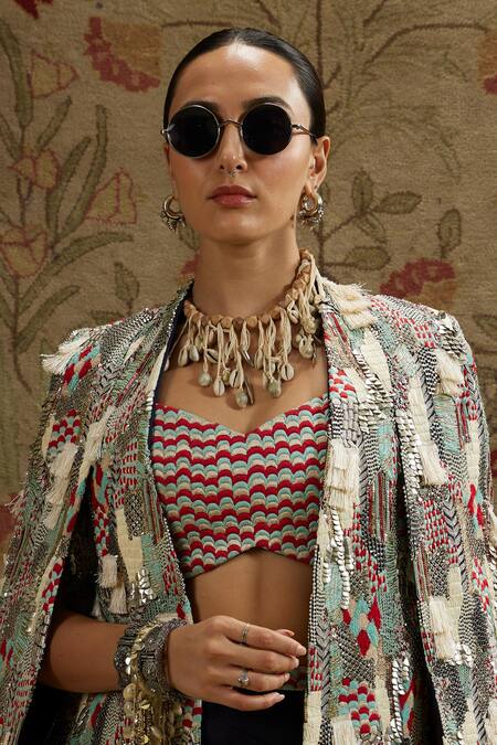 Shop Sva By Sonam & Paras Modi Blue Silk Beads, Sequins Open Abstract Embroidered Jacket And Draped Skirt Set Shop_Sva By Sonam & Paras Modi_Blue Silk Beads, Sequins Open Abstract Embroidered Jacket And Draped Skirt Set