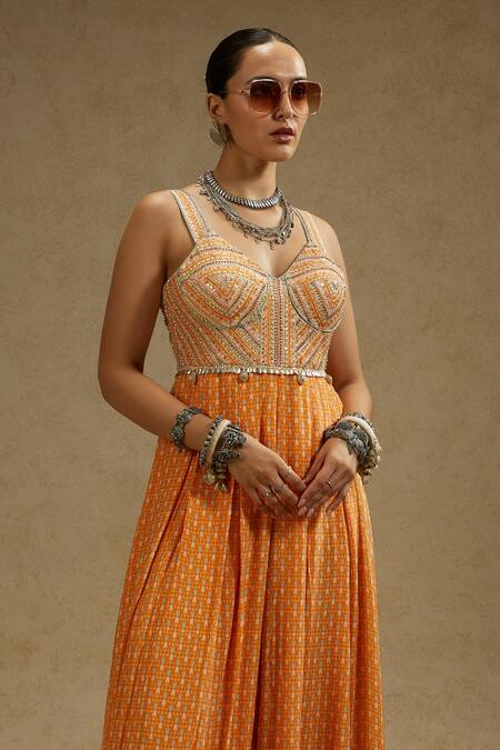 Sva By Sonam & Paras Modi Orange Crepe Sequins Sweetheart Neck Geo Yoke Embellished Jumpsuit Online at Aza Fashions Sva By Sonam & Paras Modi_Orange Crepe Sequins Sweetheart Neck Geo Yoke Embellished Jumpsuit_Online_at_Aza_Fashions