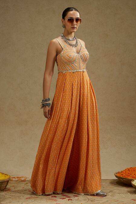 Buy Sva By Sonam & Paras Modi Orange Crepe Sequins Sweetheart Neck Geo Yoke Embellished Jumpsuit Online at Aza Fashions Buy_Sva By Sonam & Paras Modi_Orange Crepe Sequins Sweetheart Neck Geo Yoke Embellished Jumpsuit_Online_at_Aza_Fashions