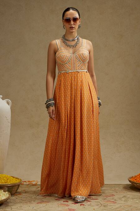 Sva By Sonam & Paras Modi Orange Crepe Sequins Sweetheart Neck Geo Yoke Embellished Jumpsuit at Aza Fashions Sva By Sonam & Paras Modi_Orange Crepe Sequins Sweetheart Neck Geo Yoke Embellished Jumpsuit_at_Aza_Fashions