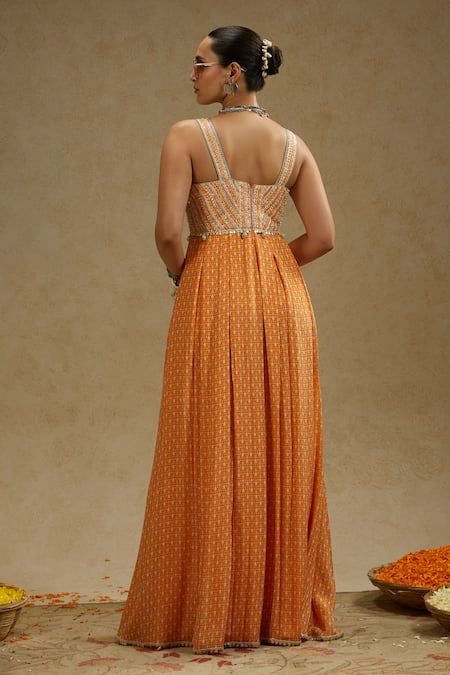 Shop Sva By Sonam & Paras Modi Orange Crepe Sequins Sweetheart Neck Geo Yoke Embellished Jumpsuit at Aza Fashions Shop_Sva By Sonam & Paras Modi_Orange Crepe Sequins Sweetheart Neck Geo Yoke Embellished Jumpsuit_at_Aza_Fashions