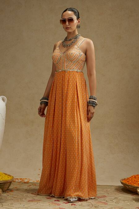 Shop Sva By Sonam & Paras Modi Orange Crepe Sequins Sweetheart Neck Geo Yoke Embellished Jumpsuit Shop_Sva By Sonam & Paras Modi_Orange Crepe Sequins Sweetheart Neck Geo Yoke Embellished Jumpsuit