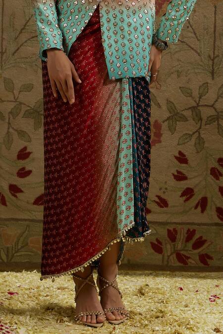 Sva By Sonam & Paras Modi_Red Crepe Beads Floral Embroidered Blazer And Draped Skirt_Online_at_Aza_Fashions