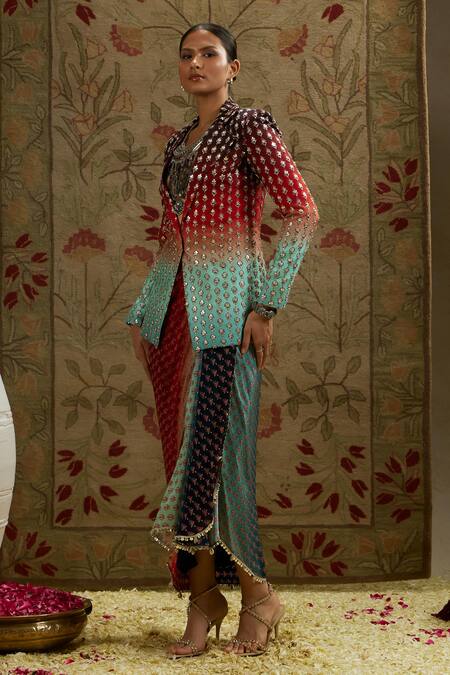 Buy_Sva By Sonam & Paras Modi_Red Crepe Beads Floral Embroidered Blazer And Draped Skirt_Online_at_Aza_Fashions