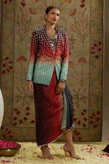 Sva By Sonam & Paras Modi_Red Crepe Beads Floral Embroidered Blazer And Draped Skirt_at_Aza_Fashions