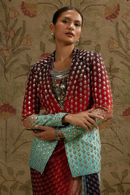 Buy_Sva By Sonam & Paras Modi_Red Crepe Beads Floral Embroidered Blazer And Draped Skirt