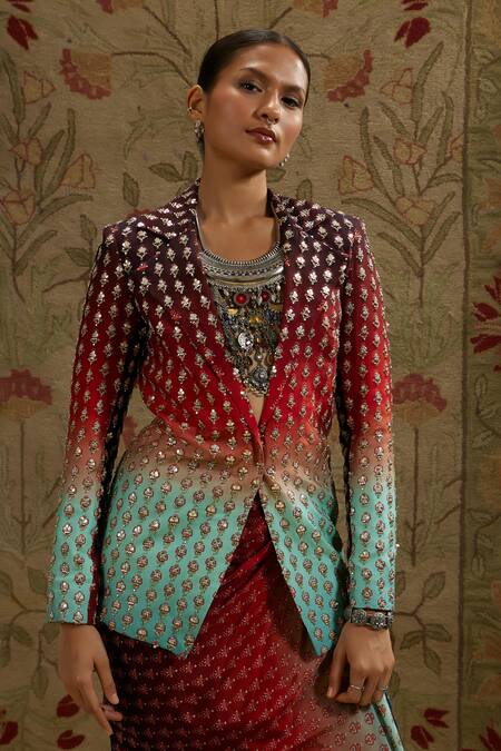 Shop_Sva By Sonam & Paras Modi_Red Crepe Beads Floral Embroidered Blazer And Draped Skirt