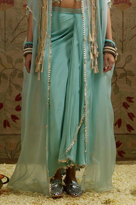 Sva By Sonam & Paras Modi Blue Organza, Crepe Tassels, Embroidery Sweetheart Neck Embellished Cape Set Online at Aza Fashions Sva By Sonam & Paras Modi_Blue Organza, Crepe Tassels, Embroidery Sweetheart Neck Embellished Cape Set_Online_at_Aza_Fashions