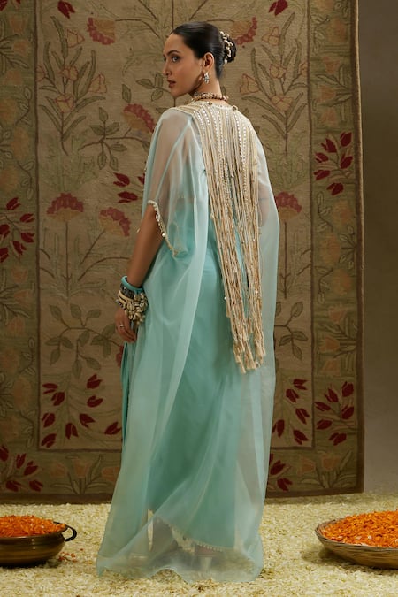 Shop Sva By Sonam & Paras Modi Blue Organza, Crepe Tassels, Embroidery Sweetheart Neck Embellished Cape Set at Aza Fashions Shop_Sva By Sonam & Paras Modi_Blue Organza, Crepe Tassels, Embroidery Sweetheart Neck Embellished Cape Set_at_Aza_Fashions