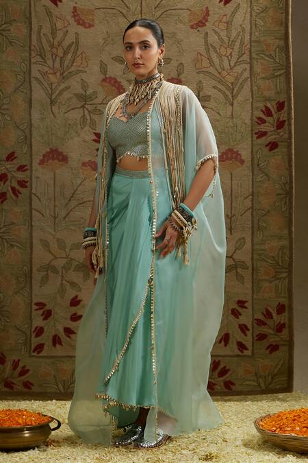 Buy Sva By Sonam & Paras Modi Blue Organza, Crepe Tassels, Embroidery Sweetheart Neck Embellished Cape Set Online at Aza Fashions Buy_Sva By Sonam & Paras Modi_Blue Organza, Crepe Tassels, Embroidery Sweetheart Neck Embellished Cape Set_Online_at_Aza_Fashions