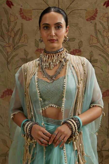 Sva By Sonam & Paras Modi Blue Organza, Crepe Tassels, Embroidery Sweetheart Neck Embellished Cape Set at Aza Fashions Sva By Sonam & Paras Modi_Blue Organza, Crepe Tassels, Embroidery Sweetheart Neck Embellished Cape Set_at_Aza_Fashions