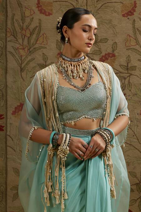 Buy Sva By Sonam & Paras Modi Blue Organza, Crepe Tassels, Embroidery Sweetheart Neck Embellished Cape Set Buy_Sva By Sonam & Paras Modi_Blue Organza, Crepe Tassels, Embroidery Sweetheart Neck Embellished Cape Set