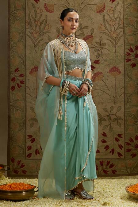 Shop Sva By Sonam & Paras Modi Blue Organza, Crepe Tassels, Embroidery Sweetheart Neck Embellished Cape Set Shop_Sva By Sonam & Paras Modi_Blue Organza, Crepe Tassels, Embroidery Sweetheart Neck Embellished Cape Set