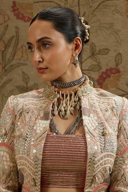 Buy_Sva By Sonam & Paras Modi_Pink Silk Beads, Embroidery, Crystals Embellished Jacket And Bustier Pant Set_Online_at_Aza_Fashions