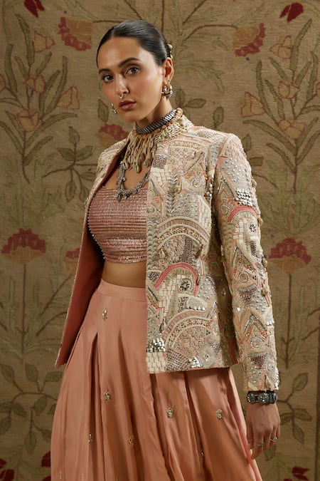 Shop_Sva By Sonam & Paras Modi_Pink Silk Beads, Embroidery, Crystals Embellished Jacket And Bustier Pant Set_Online_at_Aza_Fashions