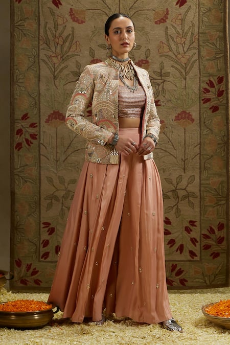 Buy_Sva By Sonam & Paras Modi_Pink Silk Beads, Embroidery, Crystals Embellished Jacket And Bustier Pant Set