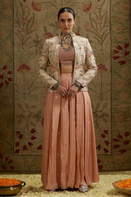 Shop_Sva By Sonam & Paras Modi_Pink Silk Beads, Embroidery, Crystals Embellished Jacket And Bustier Pant Set