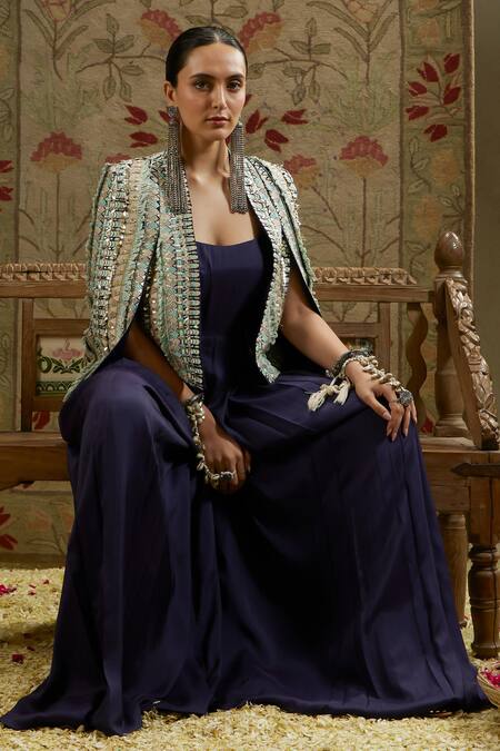 Buy_Sva By Sonam & Paras Modi_Blue Crepe Beads, Embroidery Round Neck, Embellished Jacket And Jumpsuit Set_Online_at_Aza_Fashions