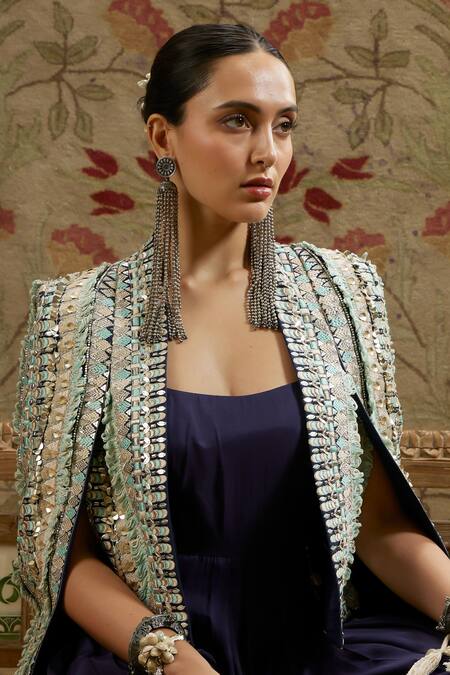 Buy_Sva By Sonam & Paras Modi_Blue Crepe Beads, Embroidery Round Neck, Embellished Jacket And Jumpsuit Set