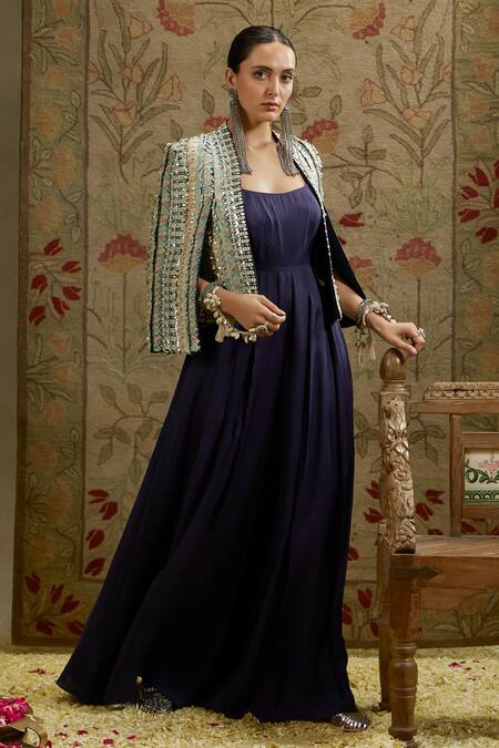Shop_Sva By Sonam & Paras Modi_Blue Crepe Beads, Embroidery Round Neck, Embellished Jacket And Jumpsuit Set