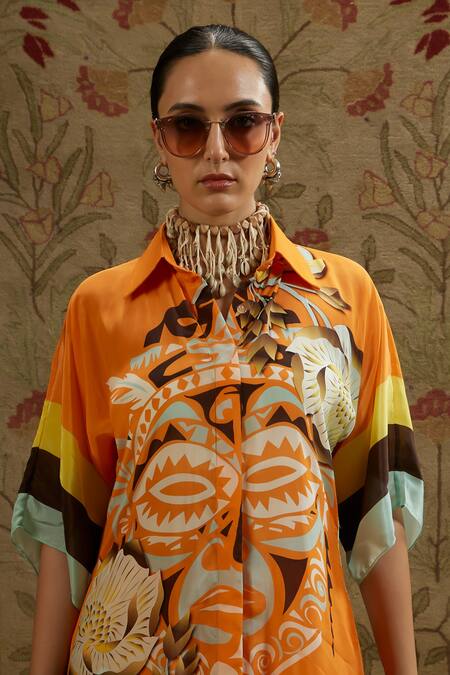 Sva By Sonam & Paras Modi Orange Crepe Collared Mask Print Top And Pant Set at Aza Fashions Sva By Sonam & Paras Modi_Orange Crepe Collared Mask Print Top And Pant Set_at_Aza_Fashions