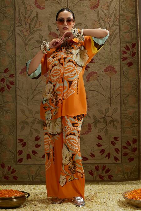 Buy Sva By Sonam & Paras Modi Orange Crepe Collared Mask Print Top And Pant Set Buy_Sva By Sonam & Paras Modi_Orange Crepe Collared Mask Print Top And Pant Set