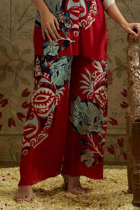 Sva By Sonam & Paras Modi_Red Crepe Collared Printed Mask Design Top And Pant Set_Online_at_Aza_Fashions