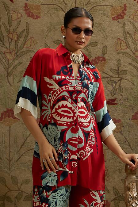 Buy_Sva By Sonam & Paras Modi_Red Crepe Collared Printed Mask Design Top And Pant Set_Online_at_Aza_Fashions