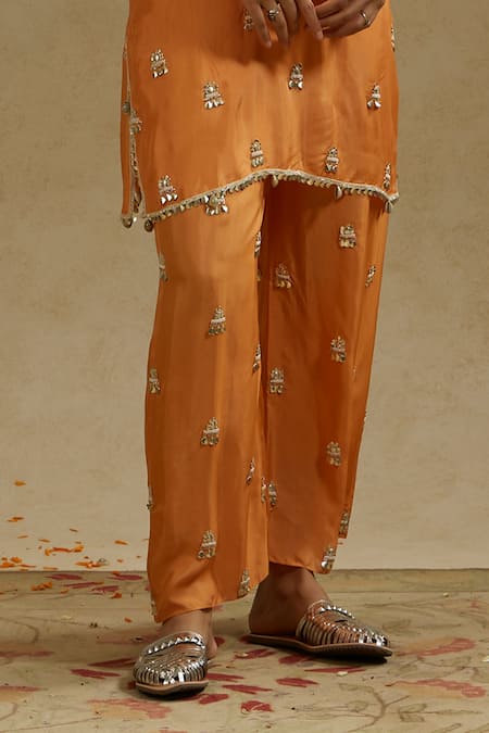 Sva By Sonam & Paras Modi_Orange Silk Beads Round Neck Embroidered Tunic And Pant Set_Online_at_Aza_Fashions