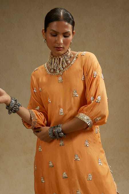 Buy_Sva By Sonam & Paras Modi_Orange Silk Beads Round Neck Embroidered Tunic And Pant Set_Online_at_Aza_Fashions