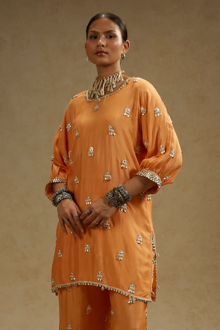 Sva By Sonam & Paras Modi_Orange Silk Beads Round Neck Embroidered Tunic And Pant Set_at_Aza_Fashions
