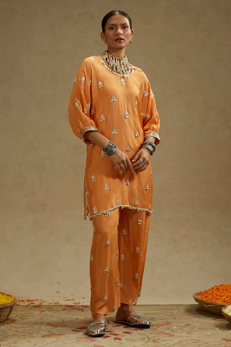 Buy_Sva By Sonam & Paras Modi_Orange Silk Beads Round Neck Embroidered Tunic And Pant Set