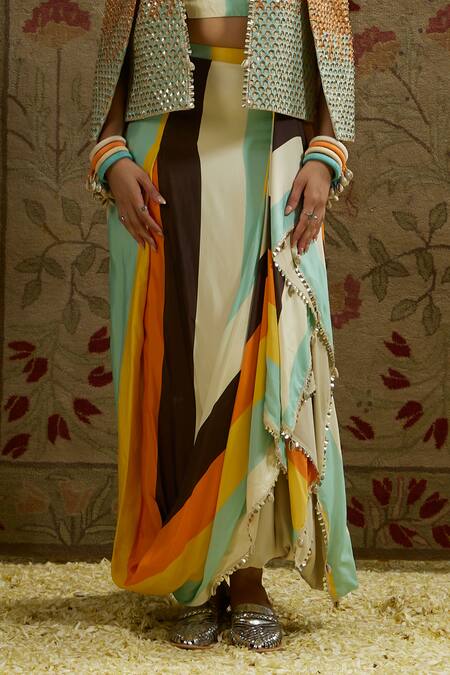 Sva By Sonam & Paras Modi_Multi Color Silk Beads Open Neck Multicolored Embellished Jacket And Skirt Set_Online_at_Aza_Fashions