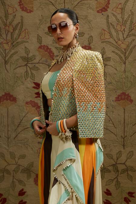 Buy_Sva By Sonam & Paras Modi_Multi Color Silk Beads Open Neck Multicolored Embellished Jacket And Skirt Set_Online_at_Aza_Fashions